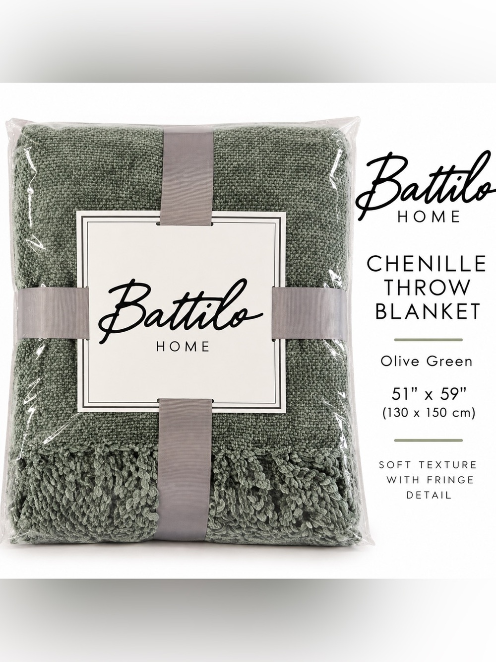 Battilo Home Olive Green Chenille Throw Blanket 51x59 Fringe NIP